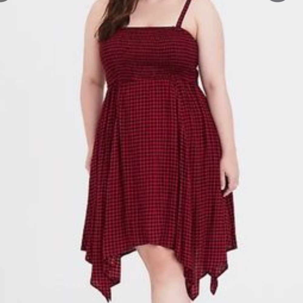 Torrid Red Wine & Black Gingham Gauze Handkerchief Dress Size 3